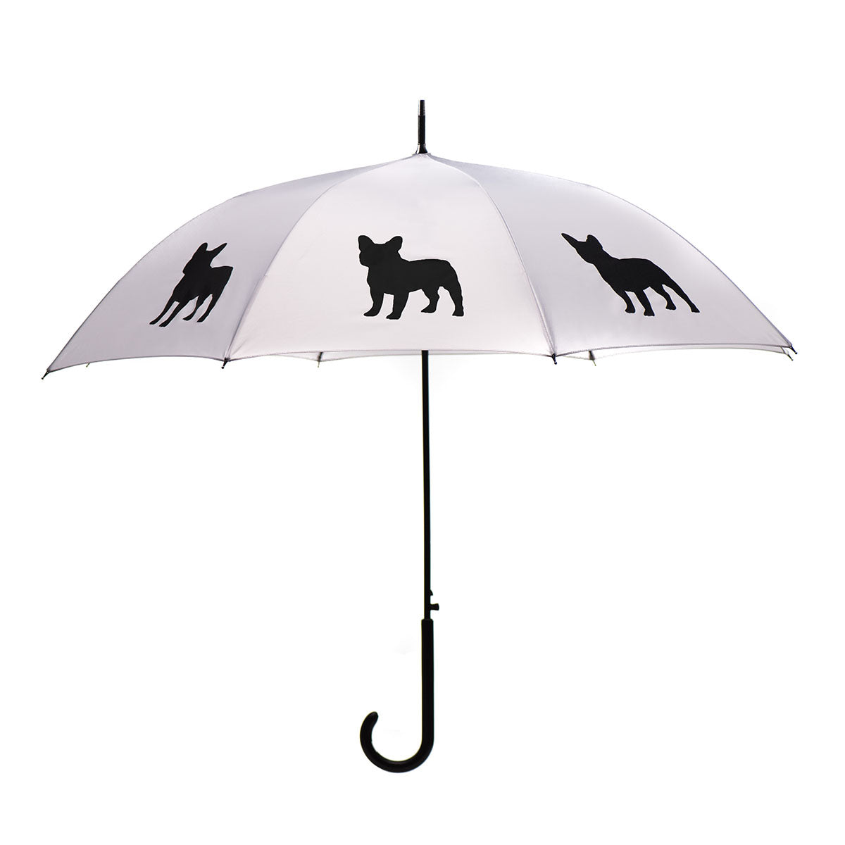 French Bulldog Wooden Stick Umbrella | Black on Silver