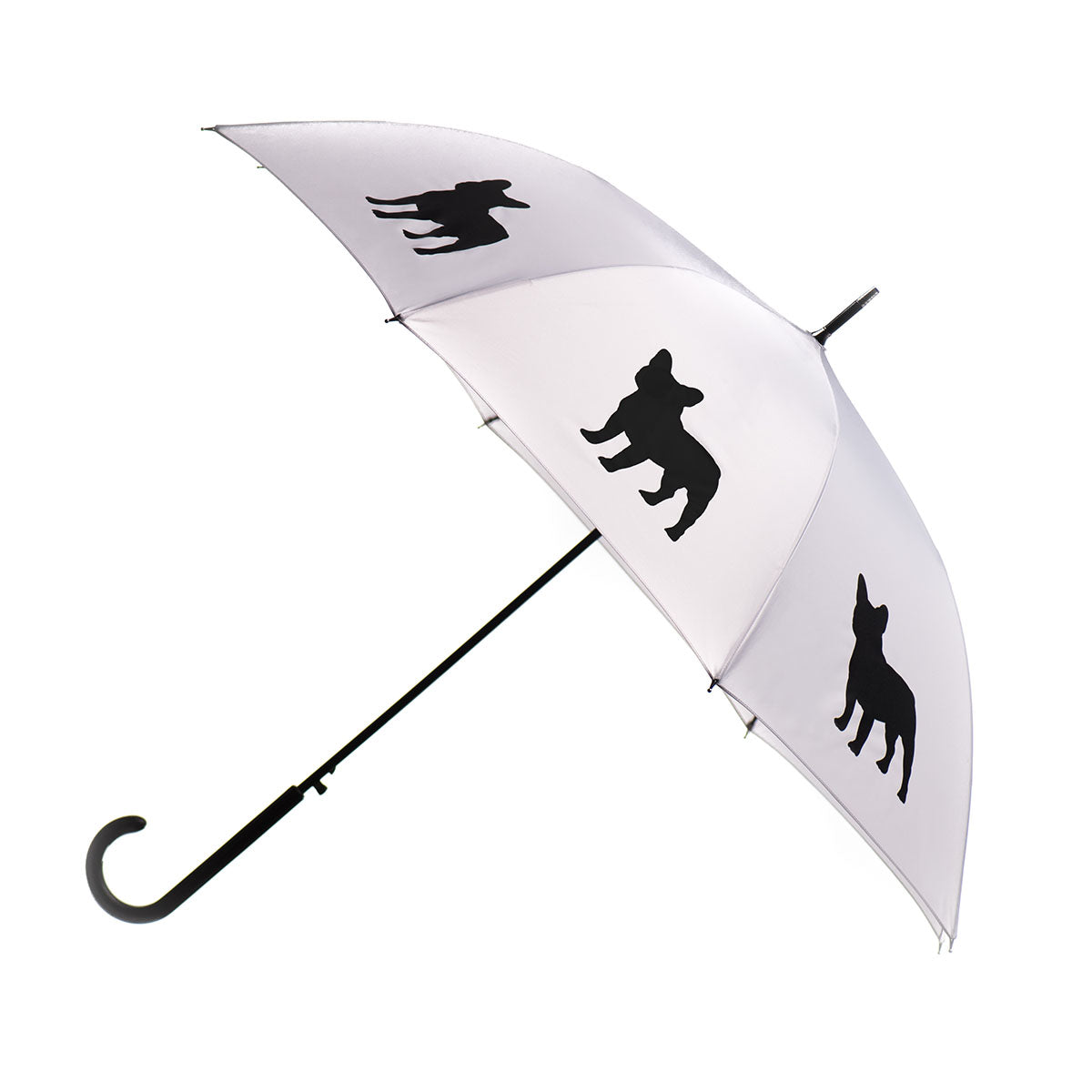 French Bulldog Wooden Stick Umbrella | Black on Silver