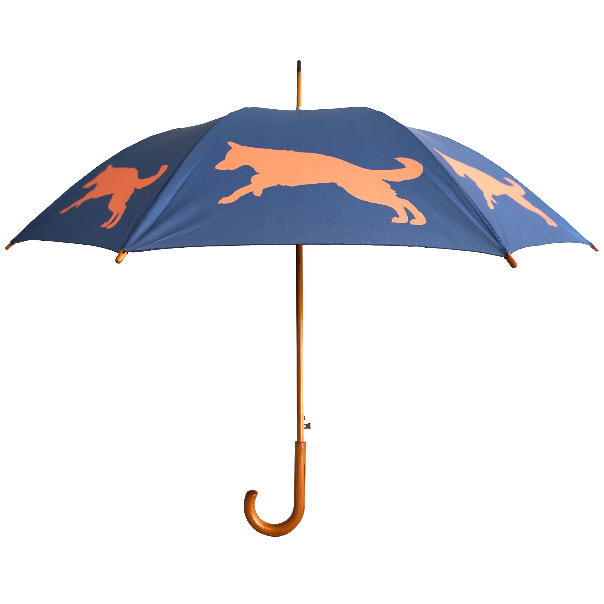 German Shepherd Wooden Stick Umbrella | Orange on Navy Blue