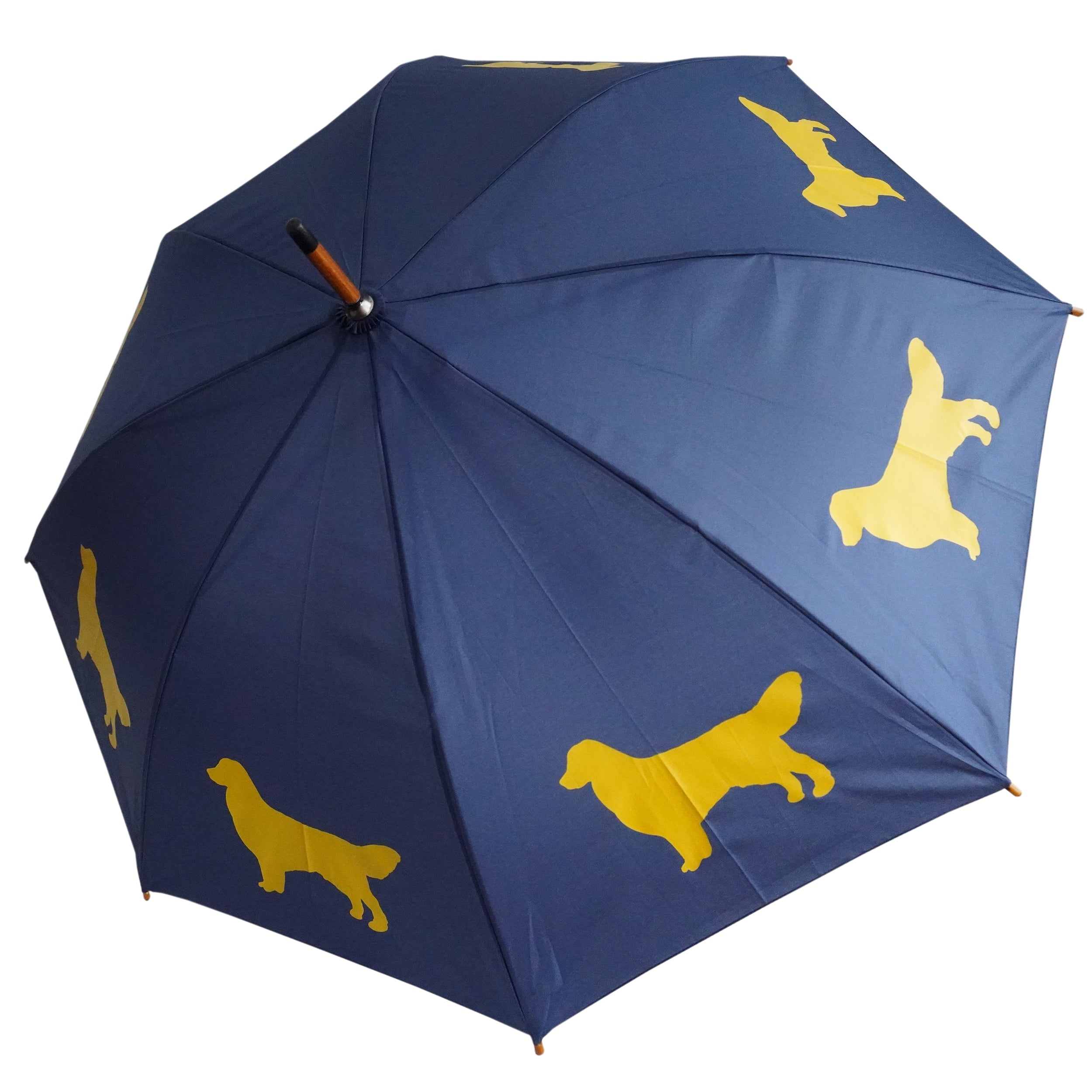 Golden Retriever Wooden Stick Umbrella | Gold on Navy Blue