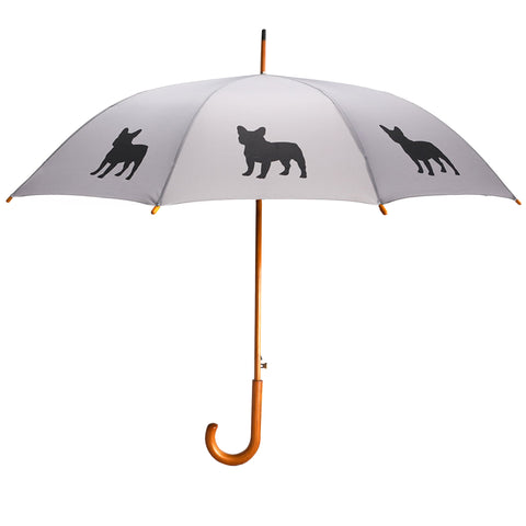 French Bulldog Wooden Stick Umbrella | Black on Silver