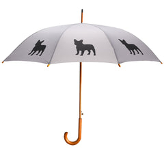 French Bulldog Wooden Stick Umbrella | Black on Silver