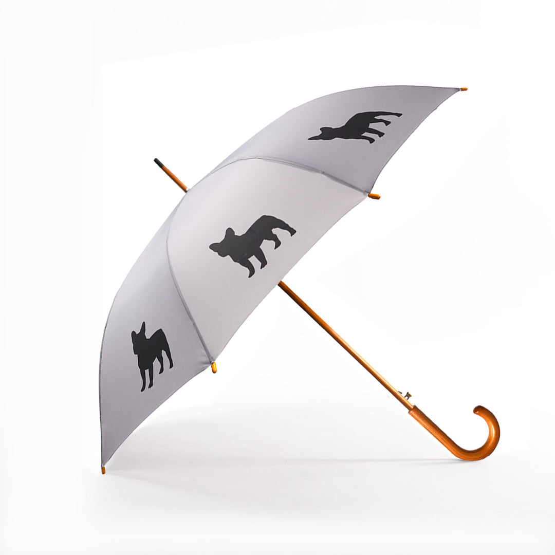 French Bulldog Wooden Stick Umbrella | Black on Silver