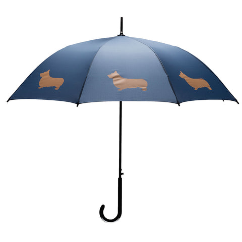 Welsh Corgi Auto Open Stick Umbrella | Tan on Navy Blue