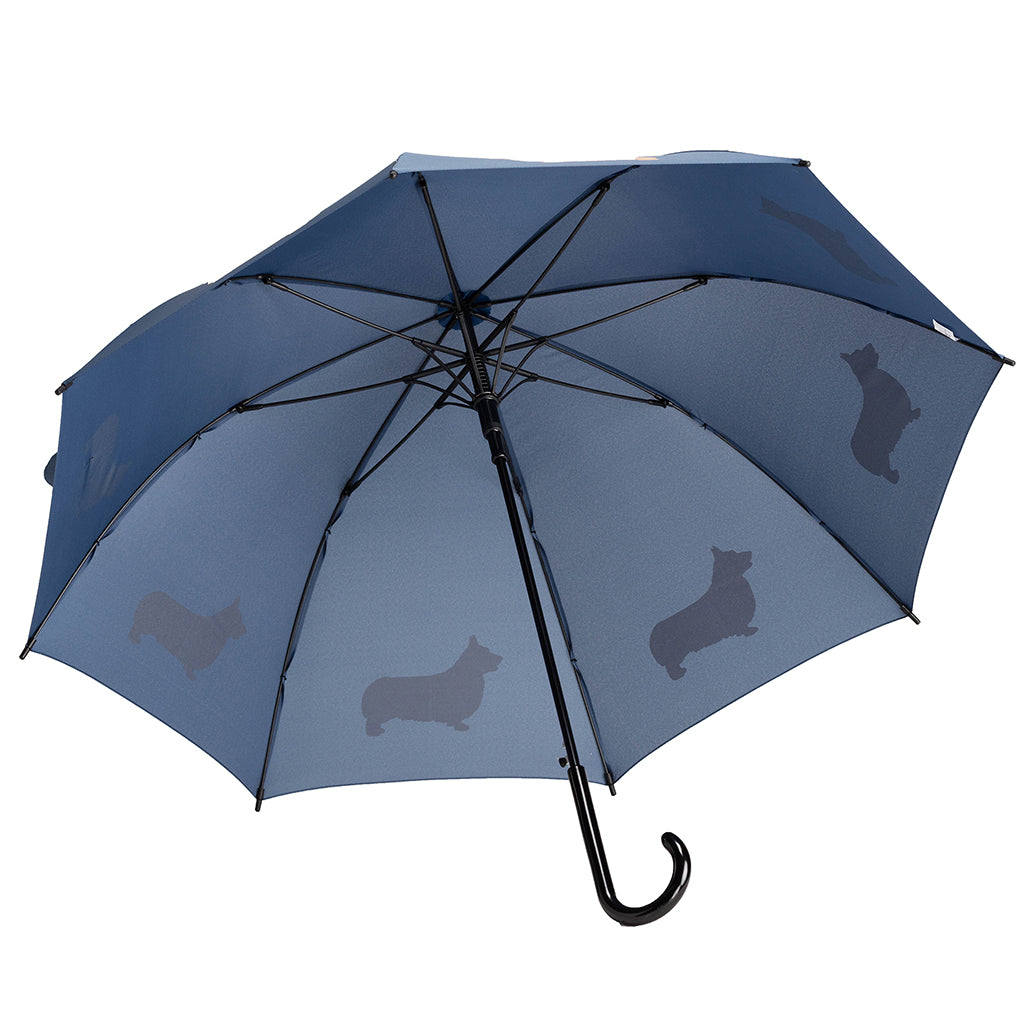 Welsh Corgi Auto Open Stick Umbrella | Tan on Navy Blue