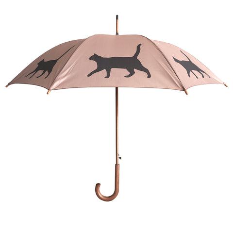 Cat Wooden Stick Umbrella | Black on Taupe