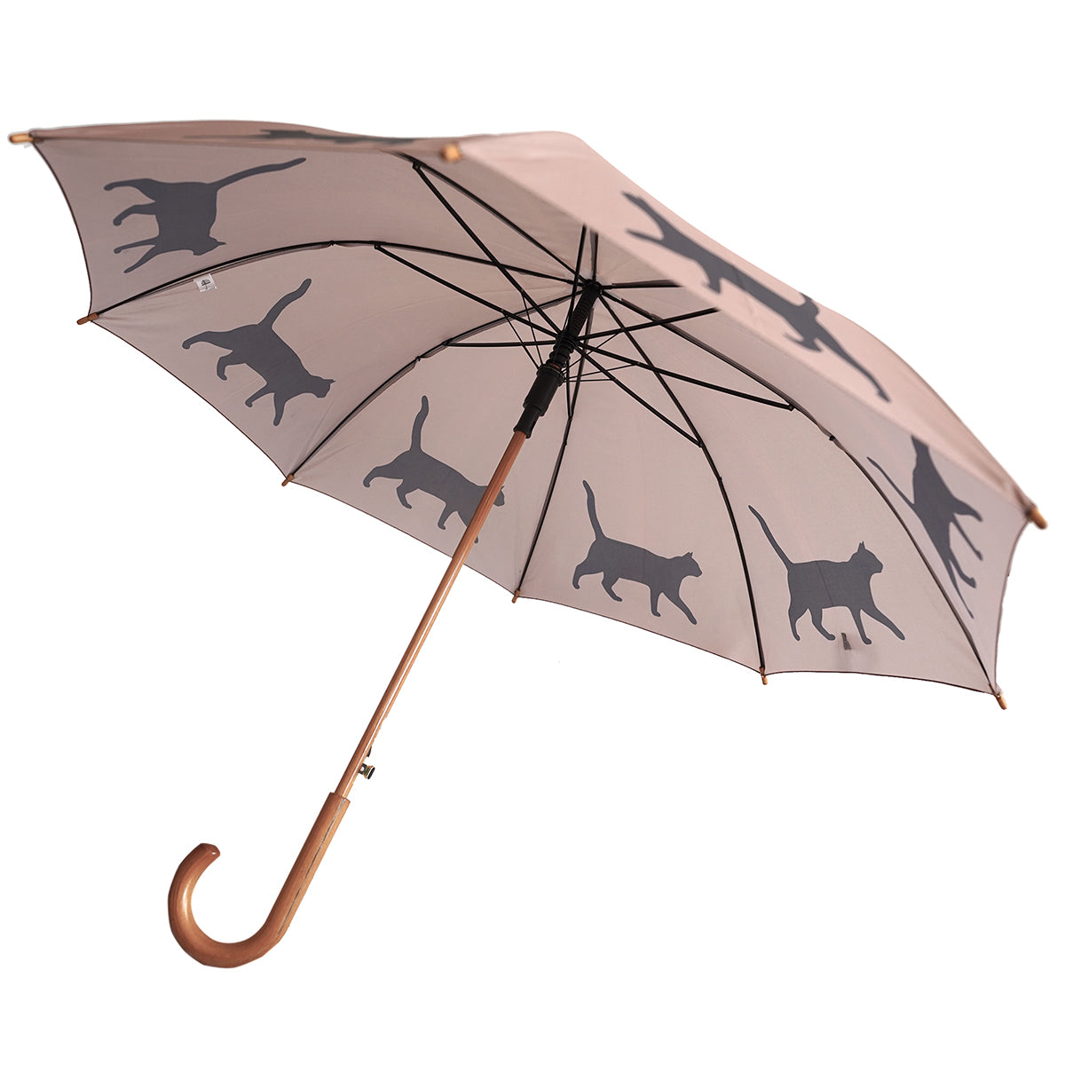Cat Wooden Stick Umbrella | Black on Taupe